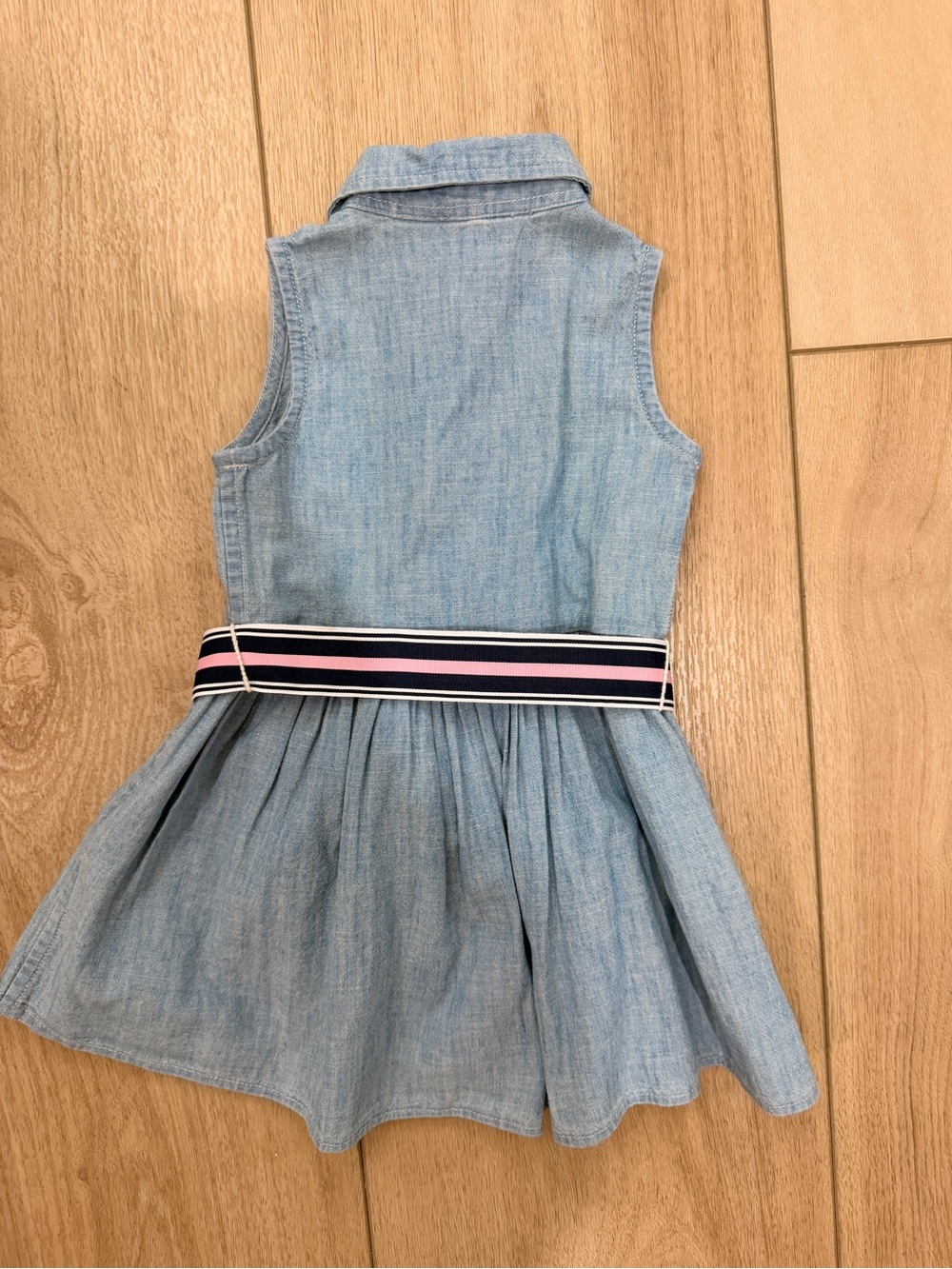 Polo by Ralph Lauren Light Blue Chambray Dress with Navy & Pink Striped Belt - Picture 5 of 8
